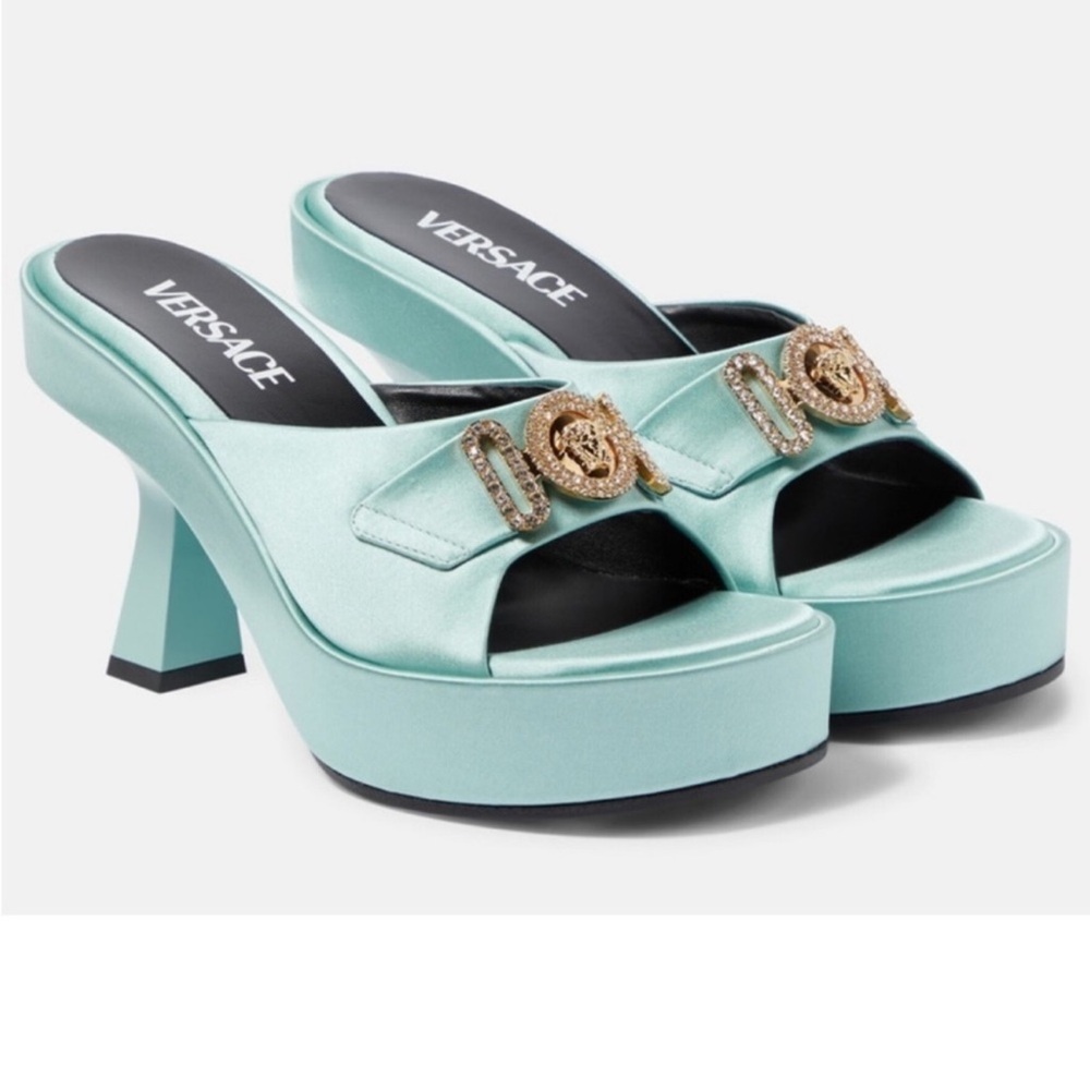 Versace Crystal Medusa Platform Slide in Forget Me Not